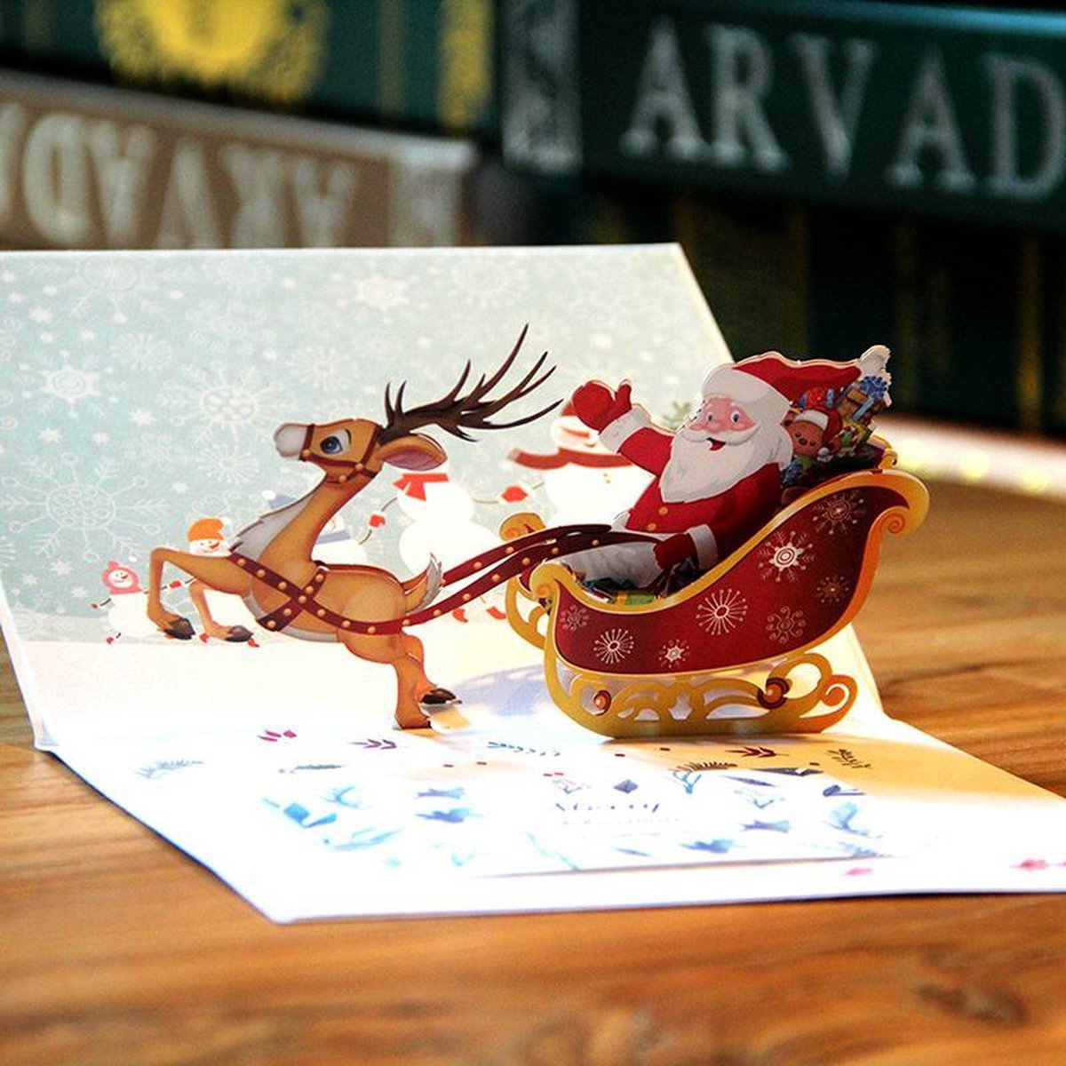 3D pop up Kerstkaart Vrolijke Kerstman op een arrenslee met rendier pop-up wenskaart met Berichtenpaneel - Voordeelpakket
