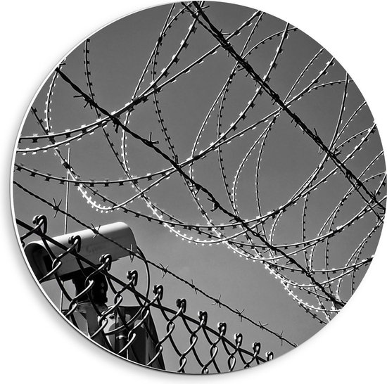 Forex Wandcirkel - Veiligheidsdraad met Camera (zwart-wit) - 40x40cm Foto op Wandcirkel (met ophangsysteem)