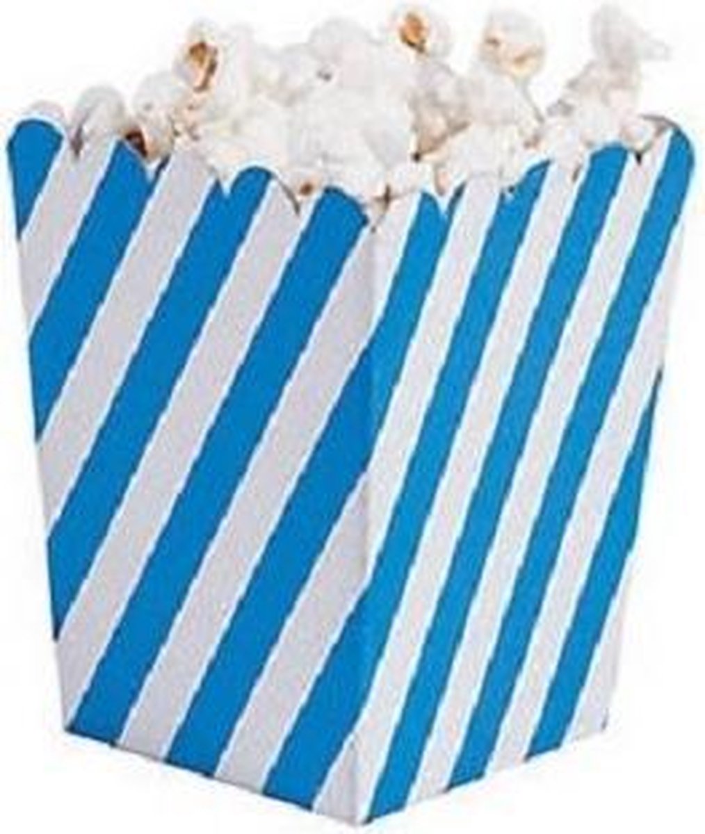 Afbeelding van product joyenco  Popcornbakjes blauw schuin gestreept - 12 stuks - stevig karton - klein formaat - 8 cm breed - 10 cm hoog