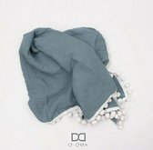 D-Dex | Hydrofieldoek XXL pompom| Hydrofiele luier XXL | Pompom wikkeldoek | Musselin Swaddle| Baby dekentje | Kraamcadeau | 120 x 100 cm | BLAUW