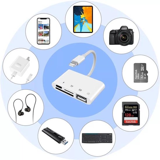 Vues Lightning naar Camera - Kaartlezer - Cardreader - 4-in-1 Reader - USB - SD Kaart - Adapter - Micro SD  -  Geschikt voor iPhone - iPad - Vues
