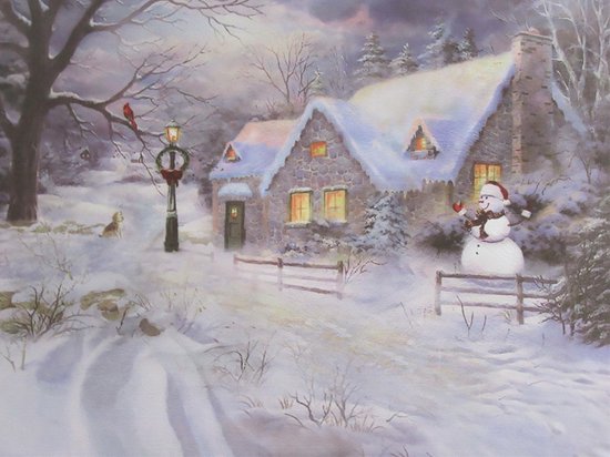 Schilderij met led verlichting - Canvas op houten frame - Huisje met  sneeuwpop - 40 x... | bol.com