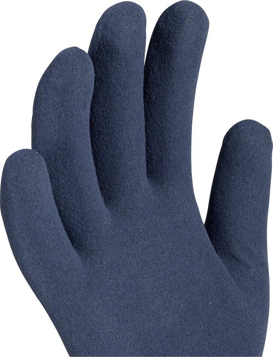 Close-up van de donkerblauwe latex coating van een OX-ON Recycle Basic 16002 werkhandschoen.
