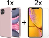 iPhone 11 hoesje roze siliconen case - 2x iphone 11 screenprotector screen protector
