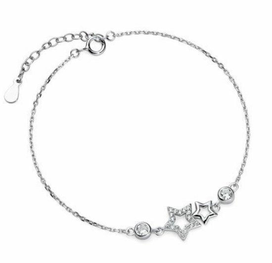 Joy|S - Zilveren ster armband - 2 sterren - zirkonia - gehodineerd