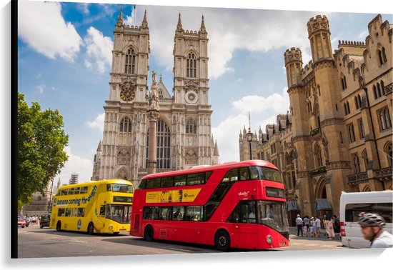 Canvas - Rode/Gele Bus Londen - Foto op Canvas Schilderij (Wanddecoratie op Canvas)
