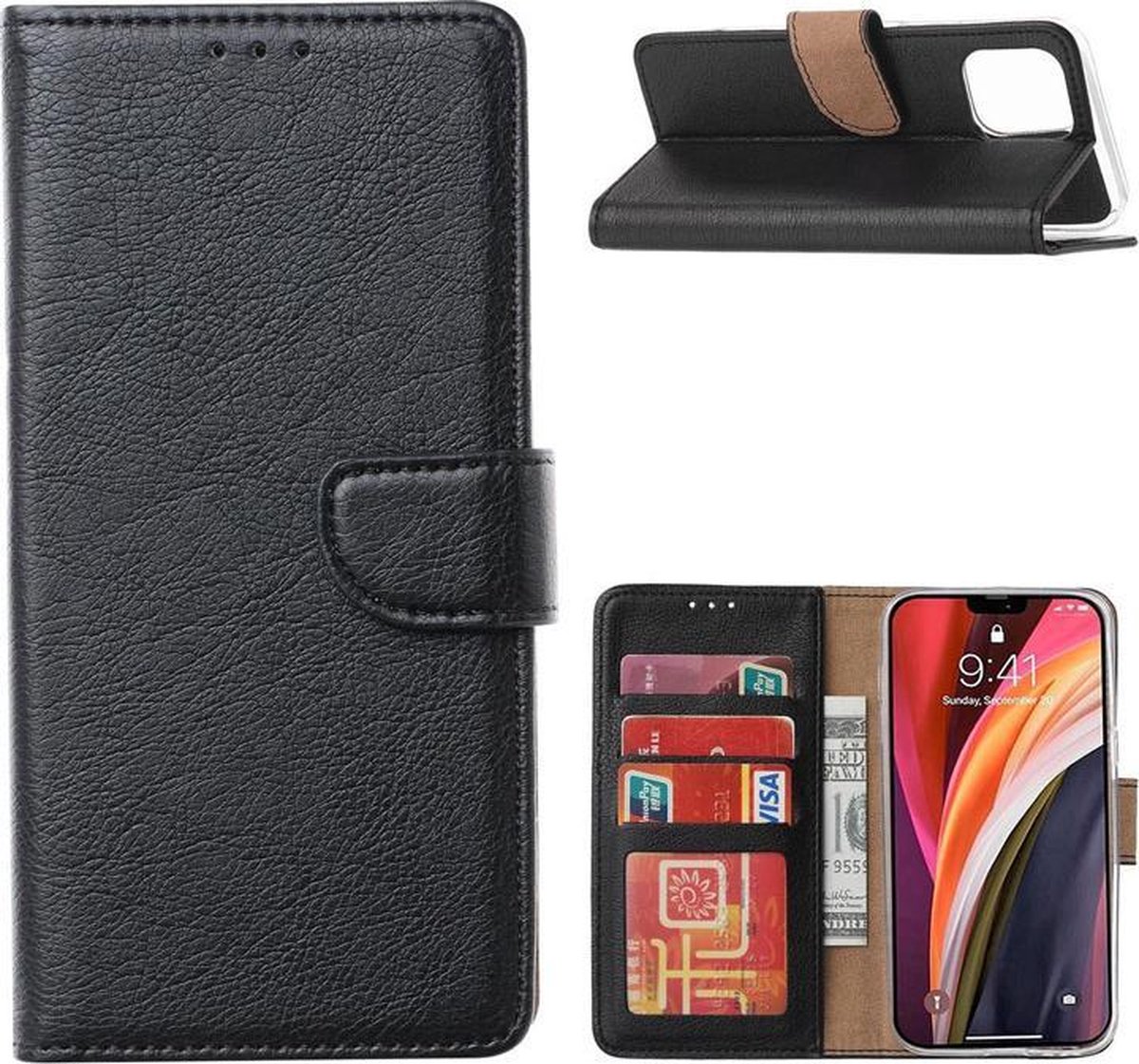 MM&A PU Lederen Wallet Book Case Hoesje - Portemonnee - geschikt voor Apple iPhone 12 – Apple iPhone 12 Pro – Met Stand – Kaarthouder – Card Case – Pasjes Houder – Magneet Sluiting – Bookcase – Zwart