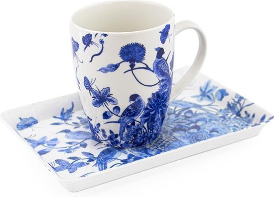 Kado set: mok en dienblaadje, Delft blue birds