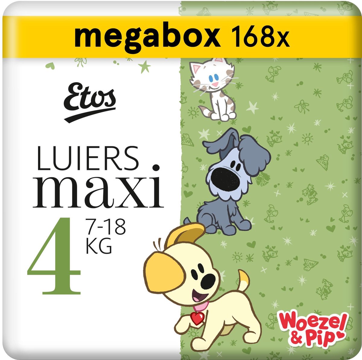 Etos Woezel & Pip Luiers Maxi Maat 4 - 7-18 kg - Maandbox 168 stuks (3 x 56  stuks) | bol.com
