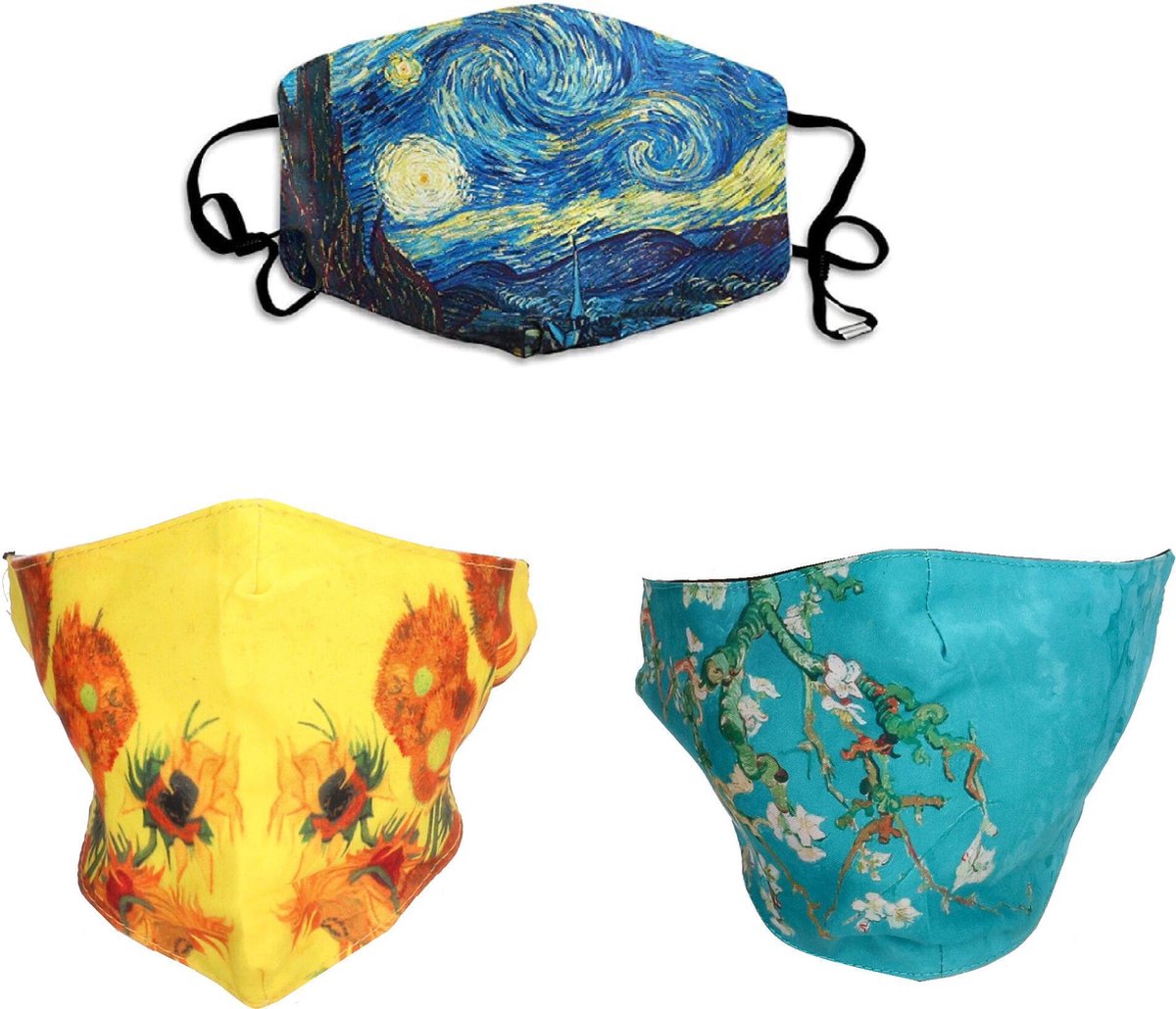 mondkapjes print van gogh 3 stuks / mondkapjes wasbaar vincent van gogh /  artistieke | bol.com