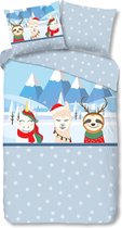 1-persoons kinder dekbedovertrek unicorn, lama & rendier in een winterlandschap FLANEL 140 x 220 cm (warm en zacht voor de winter / Kerstmis)