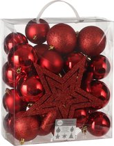 39x Boules de Noël en plastique 8 cm avec pointe étoile rouge - Paquet de boules de Noël avec pointe rouge
