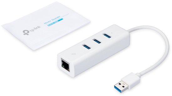 Witte USB 3.0 hub met 3 poorten, Gigabit Ethernet-poort en gebruikershandleiding.