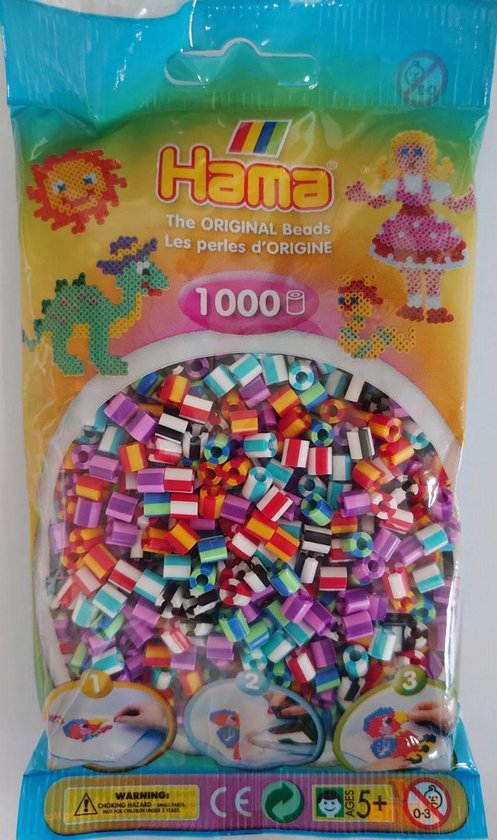 Hama midi 2-kleurig / tweekleurig gestreept multicolor mix strijkkralen (met zij strepen), zakje met 1.000 stuks normale strijkparels (creatief knutselen met kralen, cadeau idee voor kinderen!)