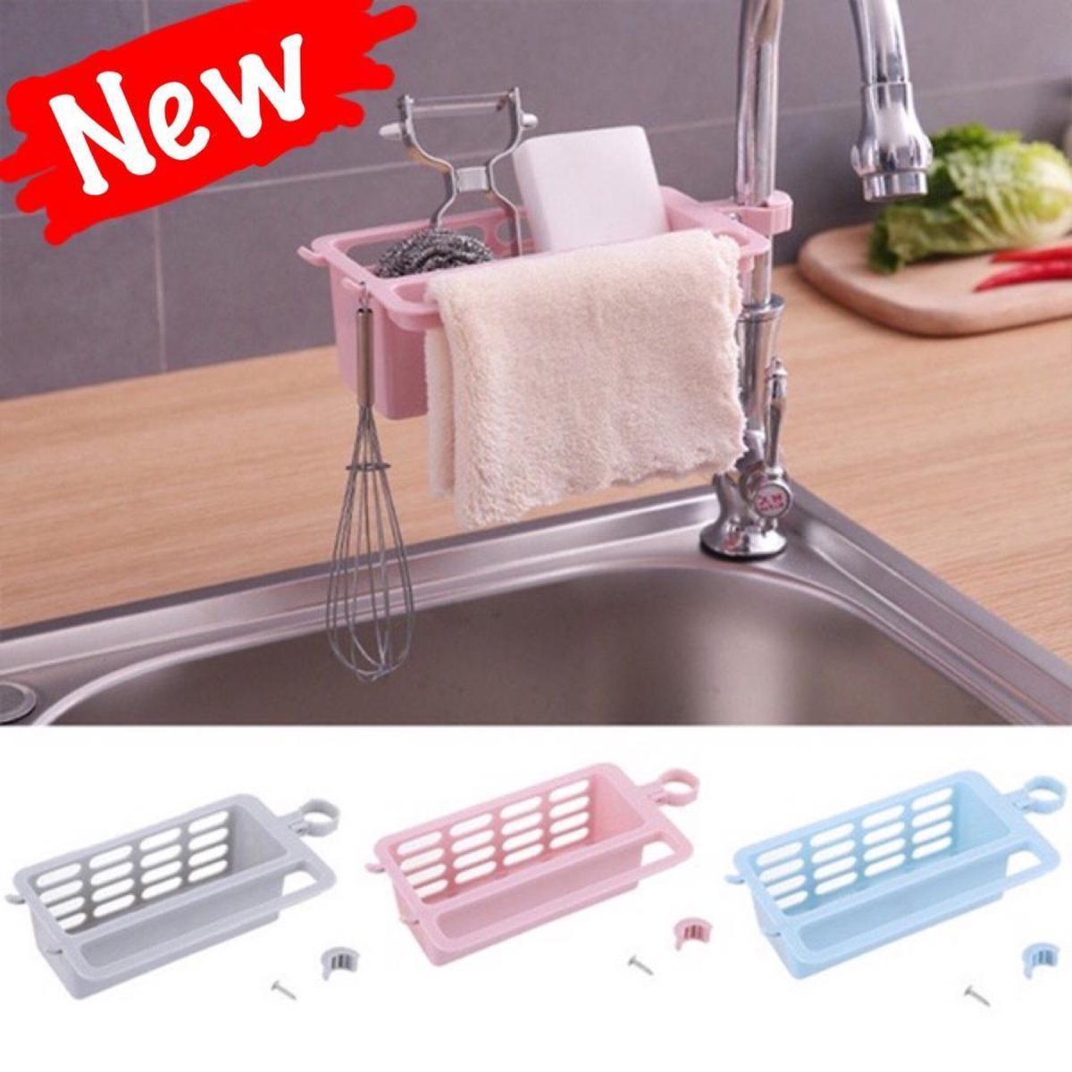 Metalen Sink Organizer, Keukenkraan Sponshouder, 2 Stuks Hangmand Organizer, Aluminium legering Verstelbare Opknoping Opbergrek, Gelden voor 18 mm - 28mm Kranen Douchestang(Color:goud