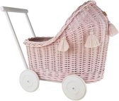 Rieten poppenwagen/loopwagen PINK met witte wielen en kwastjes