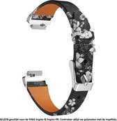 Zwart Kunstlederen Bandje met bloemenpatroon geschikt voor Fitbit Inspire / Inspire 2 / Inspire HR – black leather smartwatch strap flowers - Polsbandje - Bloemen - Kunstleer