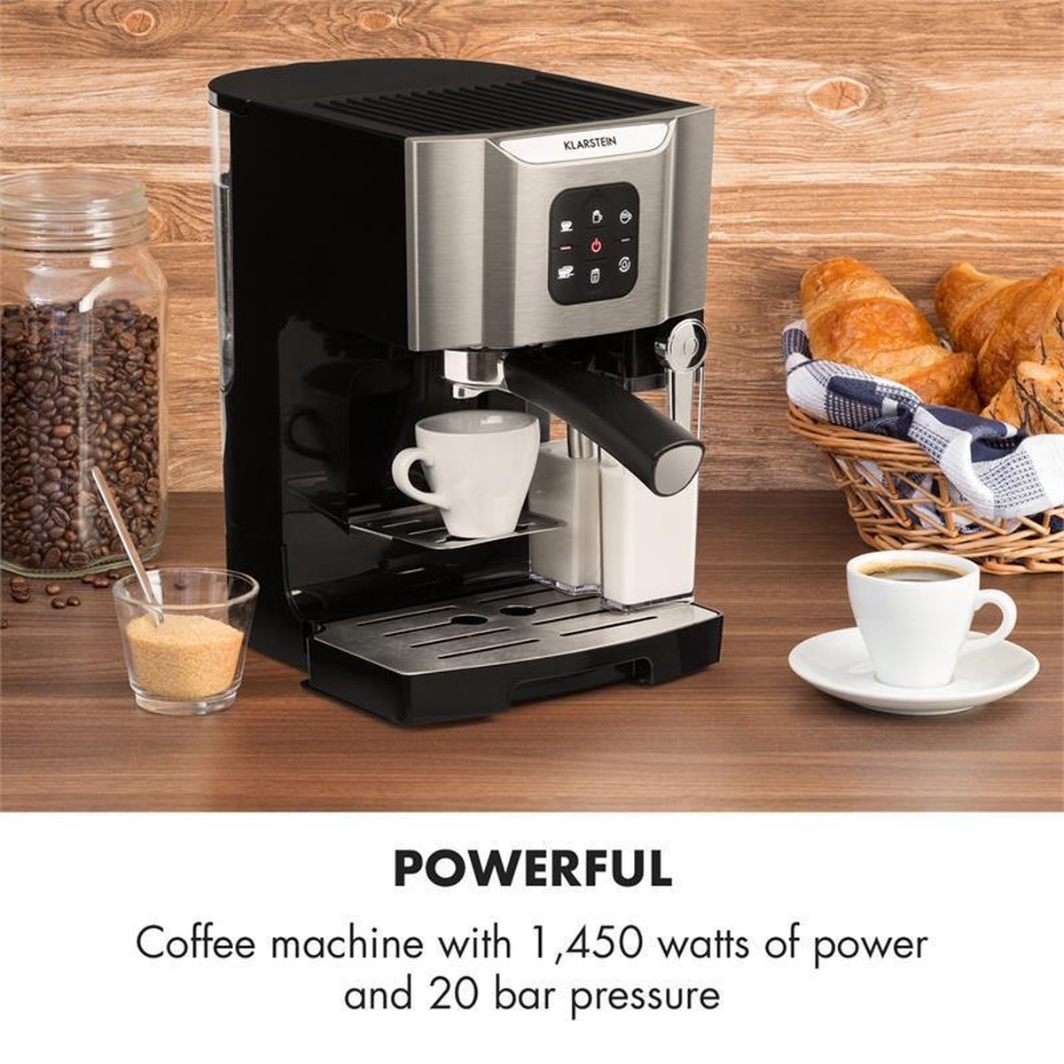 Afbeelding 2 van Klarstein Bellavita Koffiezetapparaat - 3-In-1 Functie: Espresso, Cappuccino en Latte Macchiato - Melkopschuimer - 1450 Watt - 20 Bar - 1,4 Liter Watertank - 0,4 Liter Melkschuimreservoir - Zelfreinigend systeem - Zilver