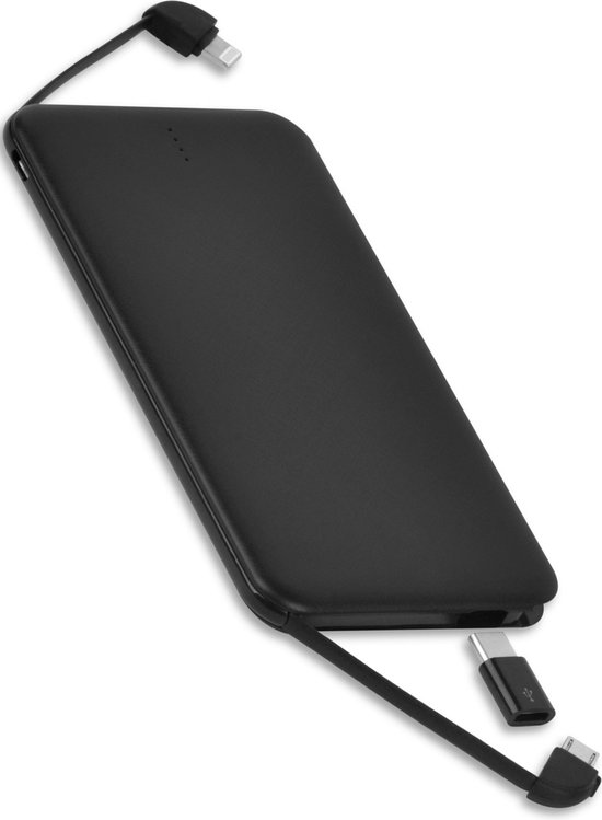 iSetchi 5000 mAh 4-in-1 Powerbank (iPhone/Samsung/USB-C/Micro-USB) - Klein Formaat Licht Gewicht - Telefoon Batterij Smartphone Oplader - Zwart
