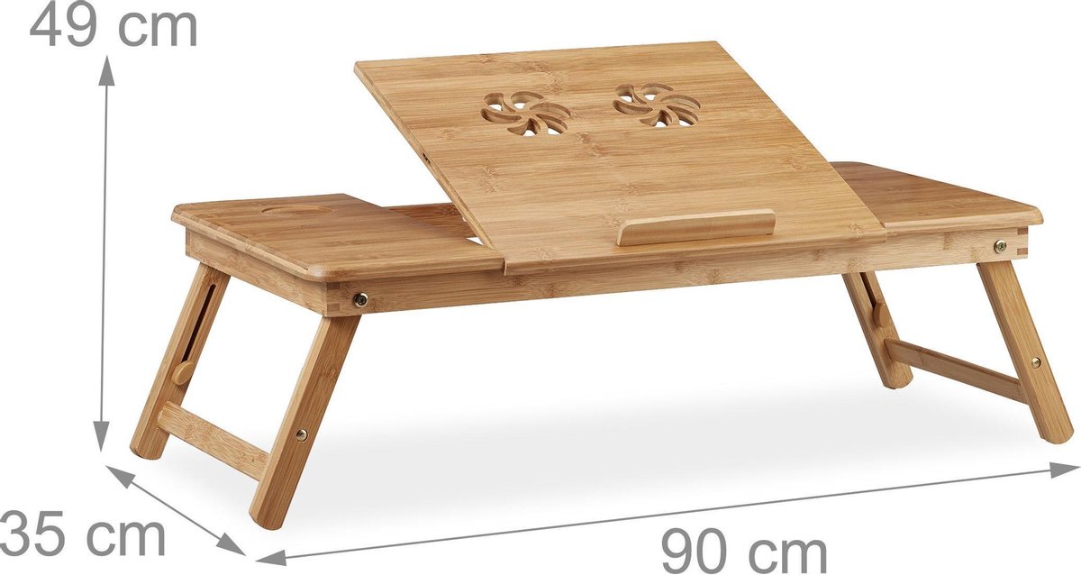 VASMIA Bamboe Laptoptafel voor Bed en Bank, Opklapbare Tafel, Ontbijtserverblad met Opklapbare Poten, Hoogte Verstelbaar, Bedplank, Opvouwbaar, Zwart