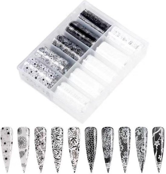 Nagel transfer folie nail art set (04) Black and White flowers - Nail art - Complete set 10 stuks