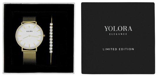 Yolora Luxe Giftbox - Goudkleurige Armband en RVS Horloge - 130 Kalpa Camaka Kristallen - 18K Geelgoud Verguld - Goud - Vrouwen Sieraden - Dames Geschenkdoos - Cadeau doos - Exclusieve Geschenkverpakking - Mooie Cadeauverpakking - Yolora