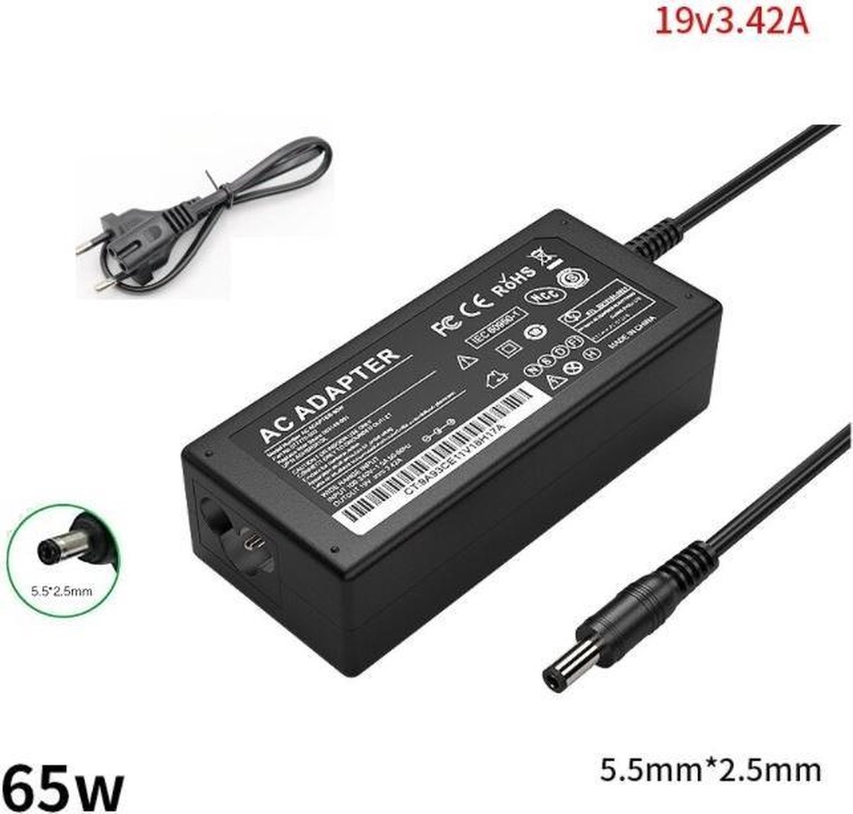 Adaptateur Secteur 65W 19V 3.42A - Connecteur 5.5x2.5mm, Pour Ordinateurs Portables X401A, X550C, A450C, Etc. (prise EU)