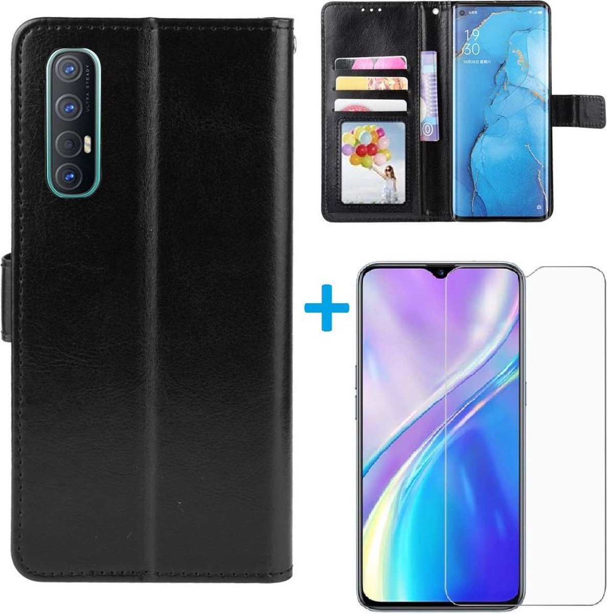 Telefoonhoesje Geschikt voor: Oppo Reno 3 4G hoesje book case zwart + Tempered Screenprotector