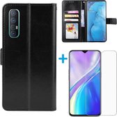 Oppo Reno 3 4G hoesje book case zwart + Tempered Screenprotector