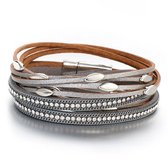Armband Dames - Leren Wikkelarmband - 18,5 cm - Bergkristal - Zilverkleurig