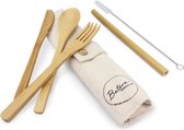 Bamboe bestek - 4-delige set - bamboe servies - houten bestek - bamboe lepel - bamboe bestekset - bio bestek - bamboe vork - beige - linnen - duurzaam cadeau - betereproducten.nl