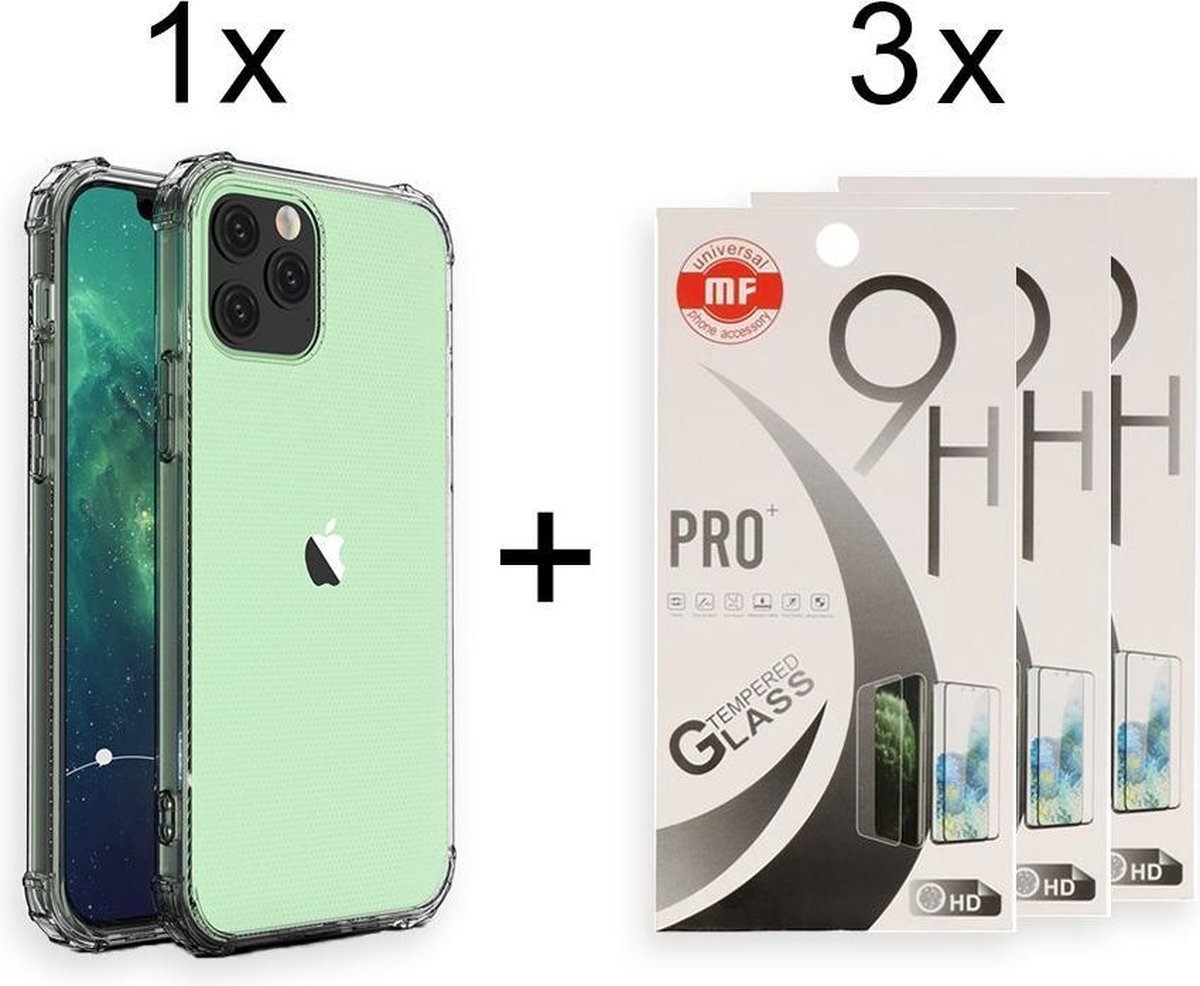 iPhone 12 Pro Hoesje en 3 x iPhone 12 Pro Screenprotector - iPhone 12 Pro Hoesje Transparant Shock Proof Case + 3 x Screen Protector Glas
