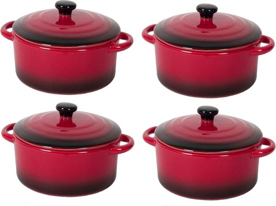 4x Keramieken rode/zwarte oven pannetjes/stoofpotjes 11 cm - Cocotte... | bol.com