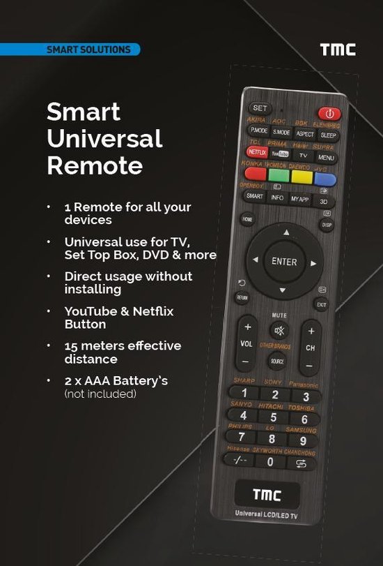 TMC Smart Universele TV afstandsbediening (Netflix & YouTube Knop) TMC Universal TV Remote Control - Tmc