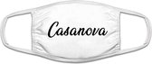 Casanova | sier | tekst | mondkapje | gezichtsmasker | bescherming | bedrukt | logo | Wit mondmasker van katoen, uitwasbaar & herbruikbaar. Geschikt voor OV