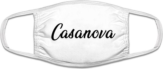 Casanova | sier | tekst | mondkapje | gezichtsmasker | bescherming | bedrukt | logo | Wit mondmasker van katoen, uitwasbaar & herbruikbaar. Geschikt voor OV