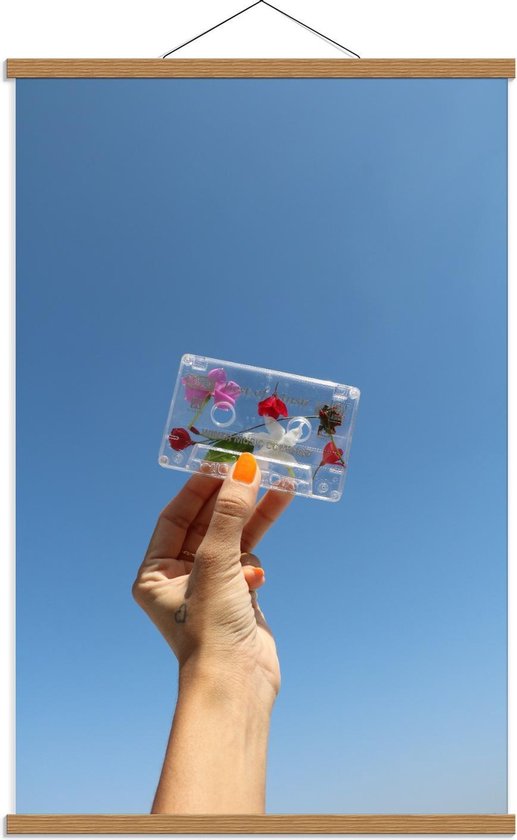Schoolplaat – Doorzichtig Cassettebandje met Bloemetjes  - 60x90cm Foto op Textielposter (Wanddecoratie op Schoolplaat)