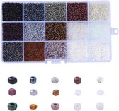 2mm rocailles in handige opbergdoos | wit, zwart, bruin en grijstinten | 15 kleuren van 12 gram