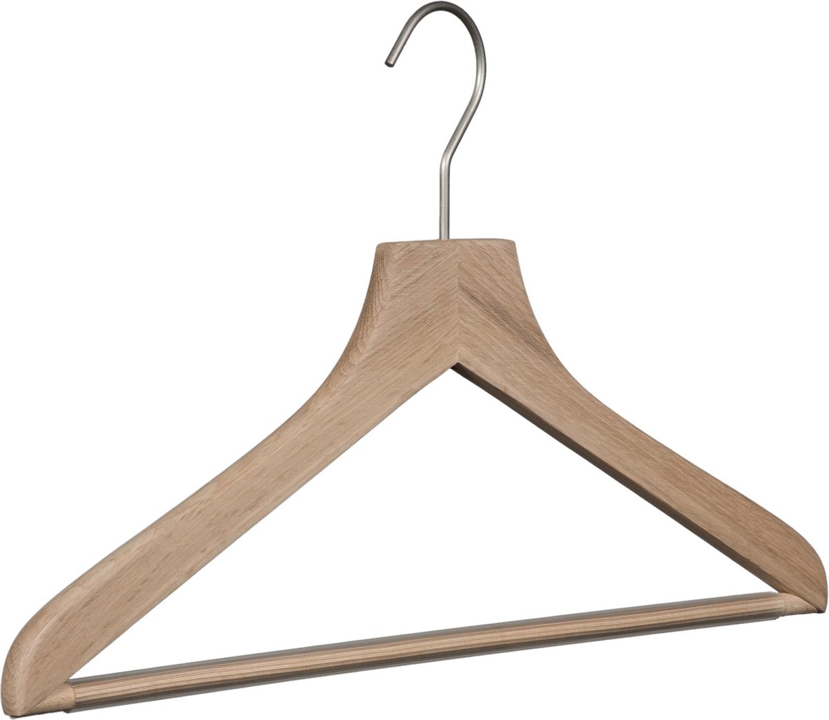 [Set van 5] Luxe handgemaakte kledinghangers van puur en ongelakt eikenhout voorzien van een anti-slip broeklat en een draaibare matzilver haak