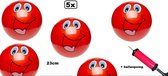 5x Speel voetbal smiling face 23 cm rood + ballenpomp - voetbal speelbal strand straat bal