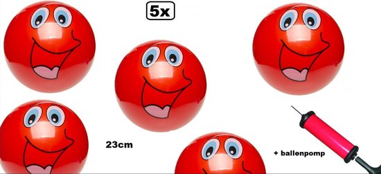 5x Play Soccer Visage Souriant 23 cm Rouge + Pompe à Ballon - Ballon De Football Beach Street Ball