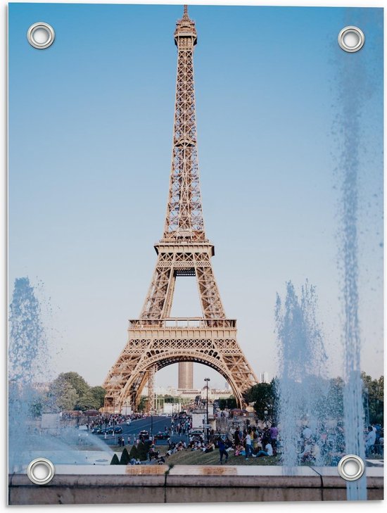 Tuinposter – Eiffeltoren in Parijs met helderblauwe Lucht - 30x40cm Foto op Tuinposter  (wanddecoratie voor buiten en binnen)