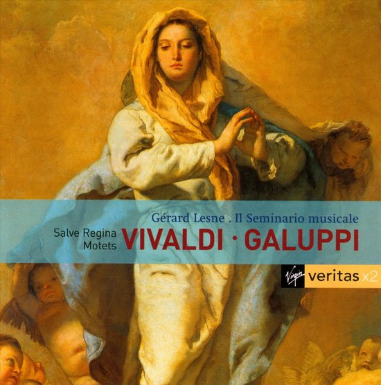 Een schilderij van de Maagd Maria met cherubijnen, met tekst Vivaldi - Galuppi Motets.