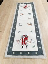 Kerst-tafelkleed Linnenlook Wit - grijze rand met Kerstman en Hert - Loper 110 cm