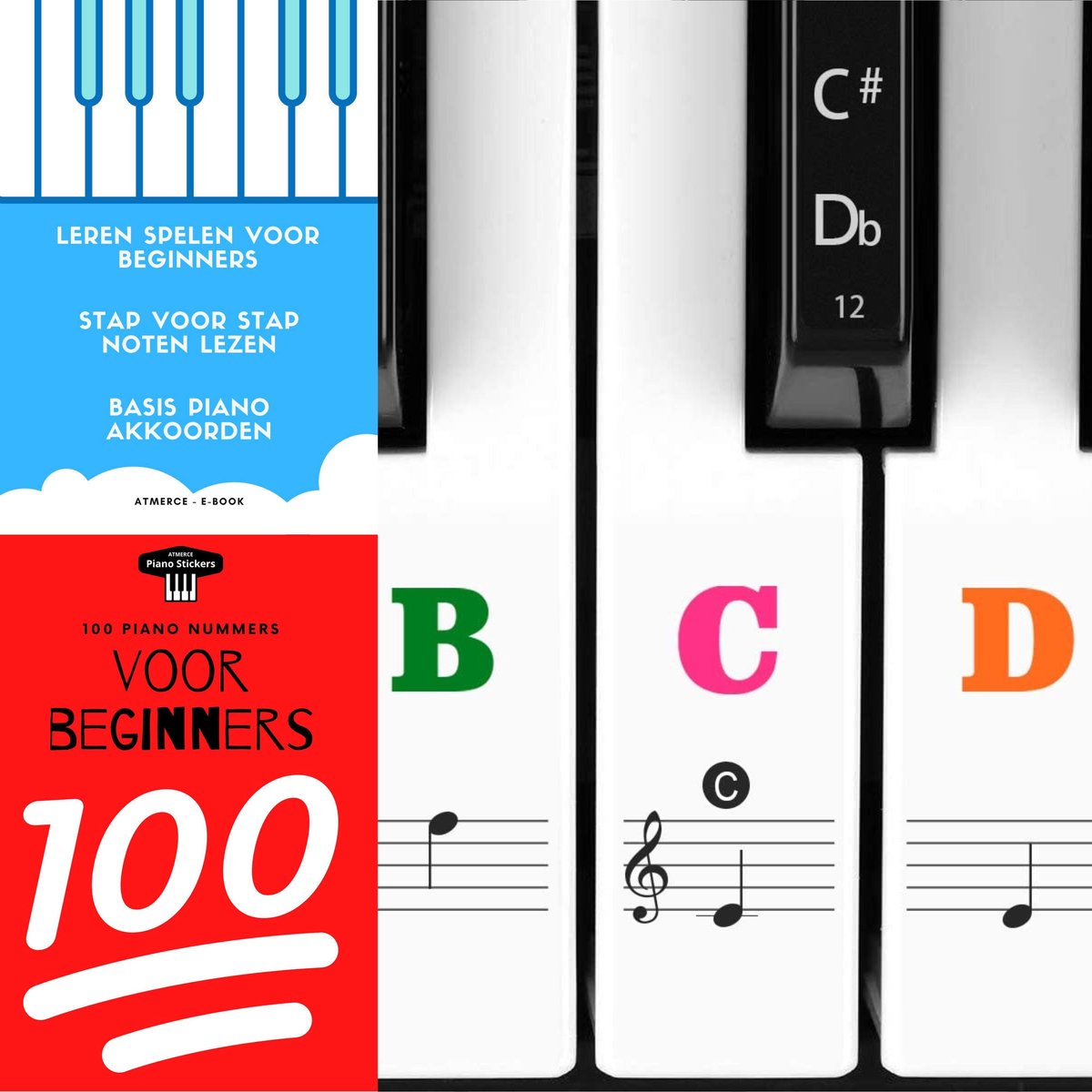 ATMERCE Piano Bladmuziek met Lesboek en Gekleurde Stickers voor Witte en Zwarte toetsen - voor Beginners en Gevorderden - ATMERCE