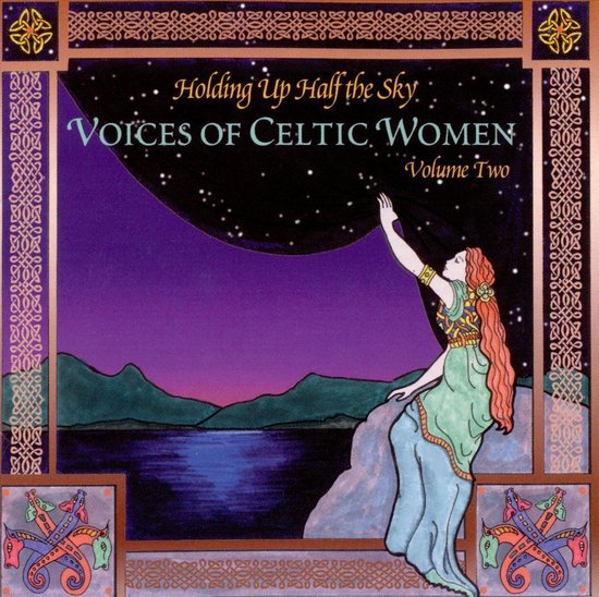Een illustratie van Voices of Celtic Women, Volume Two, met een vrouw met lang rood haar die naar de sterrenhemel reikt.