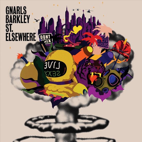 Albumhoes 'St. Elsewhere' met 'Gnarls Barkley' tekst, een astronaut, tijger, gasmasker en een stad.
