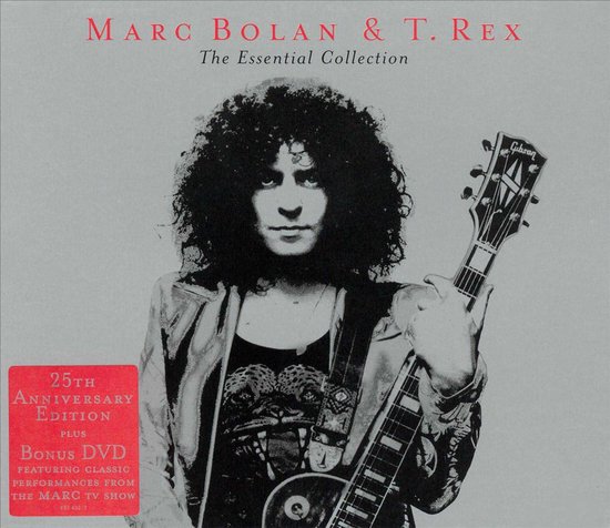 Marc Bolan met een Gibson gitaar, "Marc Bolan & T. Rex The Essential Collection 25th Anniversary Edition" hoes.