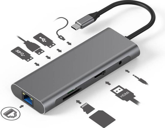 9 in 1 USB-C Multi-Port Hub - 4K @30Hz HDMI - SD/TF kaart lezer - 3x