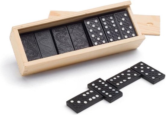 Thumbnail van een extra afbeelding van het spel 3x Speelgoed domino spellen in houten kistje - Gezelschapsspellen - Familiespellen - Klassiek dominospellen